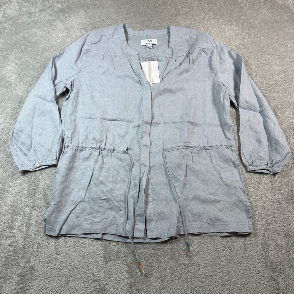 Magaschoni Linen Tunic Women Large‎ Light Blue Drawstring Waist NWT